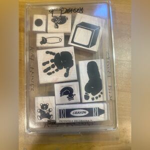 9 assorted wood mount child/baby themed stamps. Hand & Foot, block, bunny, Duck